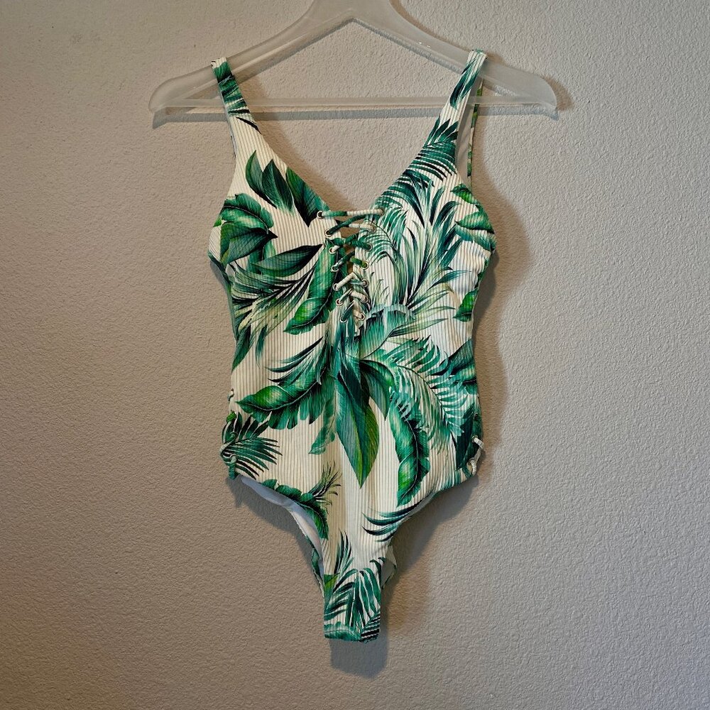 Palm Leaf Lace-Up One Piece Swimsuit Tropical Print Size Small
